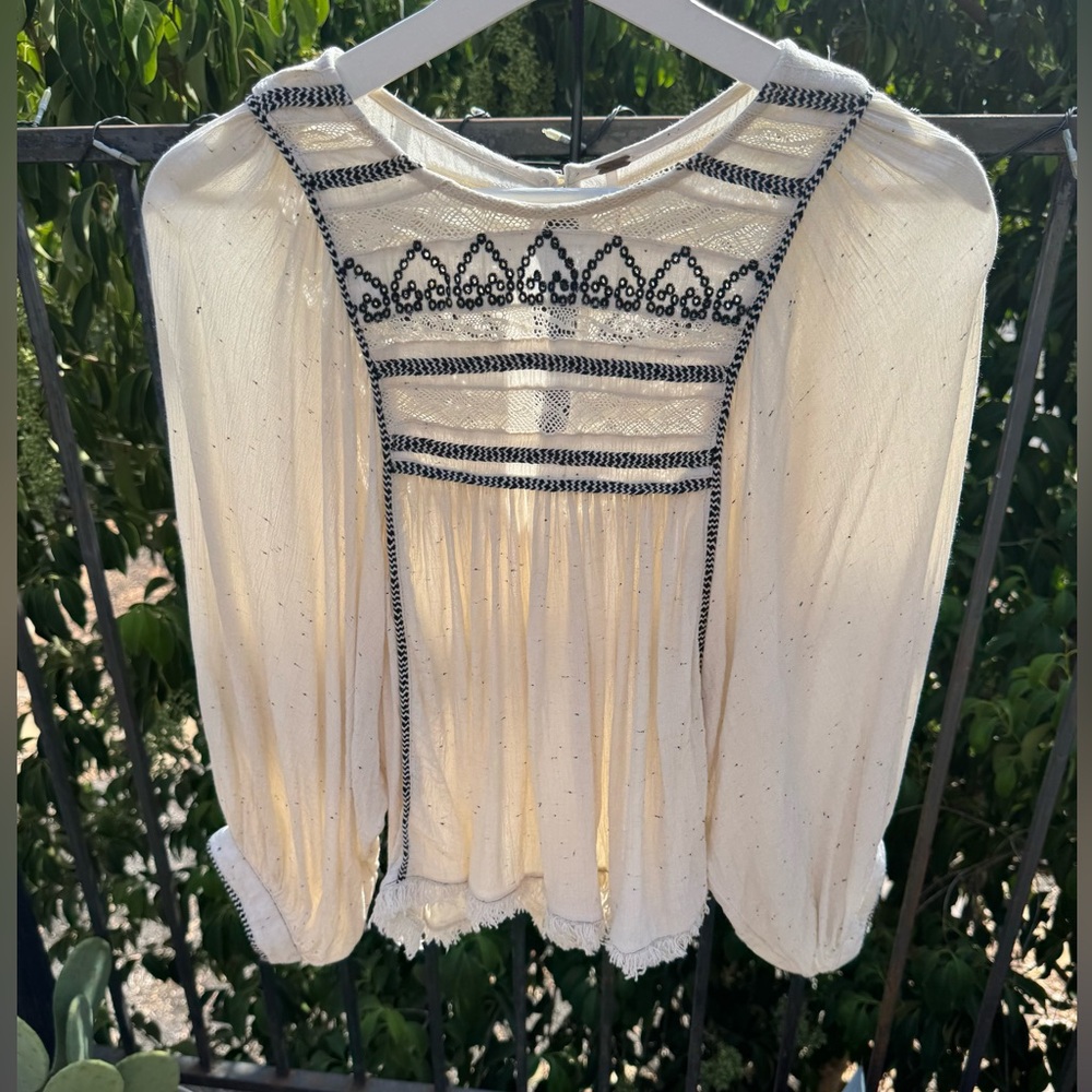 Free People Cream Blouse with‎ Black Accents